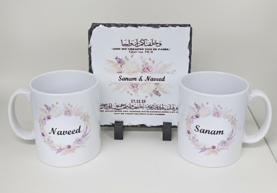 Wedding Couple Wedding Couple, 2 Mug & Slate Set - Pink Florals - Image 1